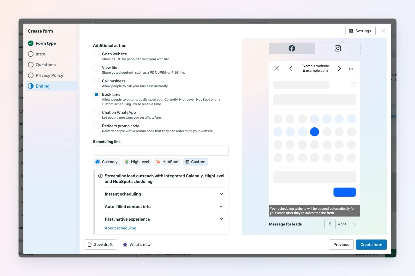 The Ending step of the Create form flow, with Book time selected and a Scheduling link field offering Calendly, HighLevel and HubSpot