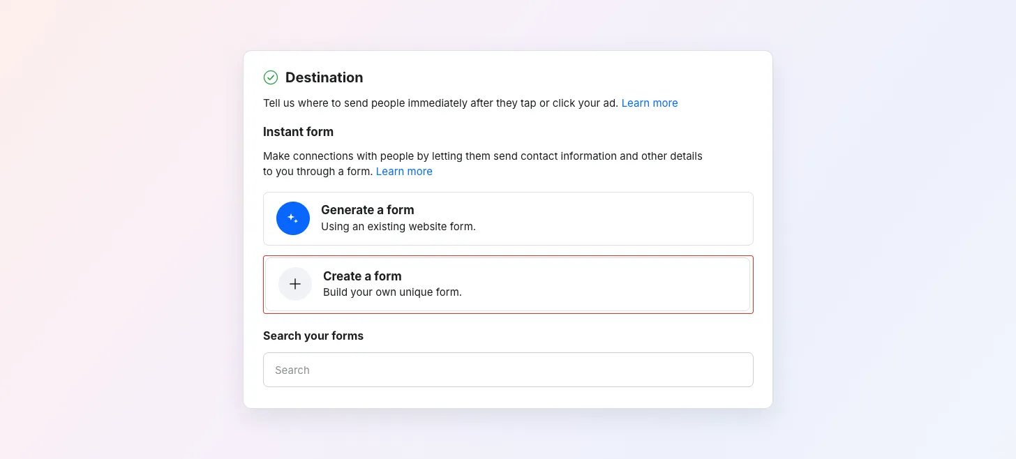 The Instant form section at the ad level, with Create a form highlighted below the template option