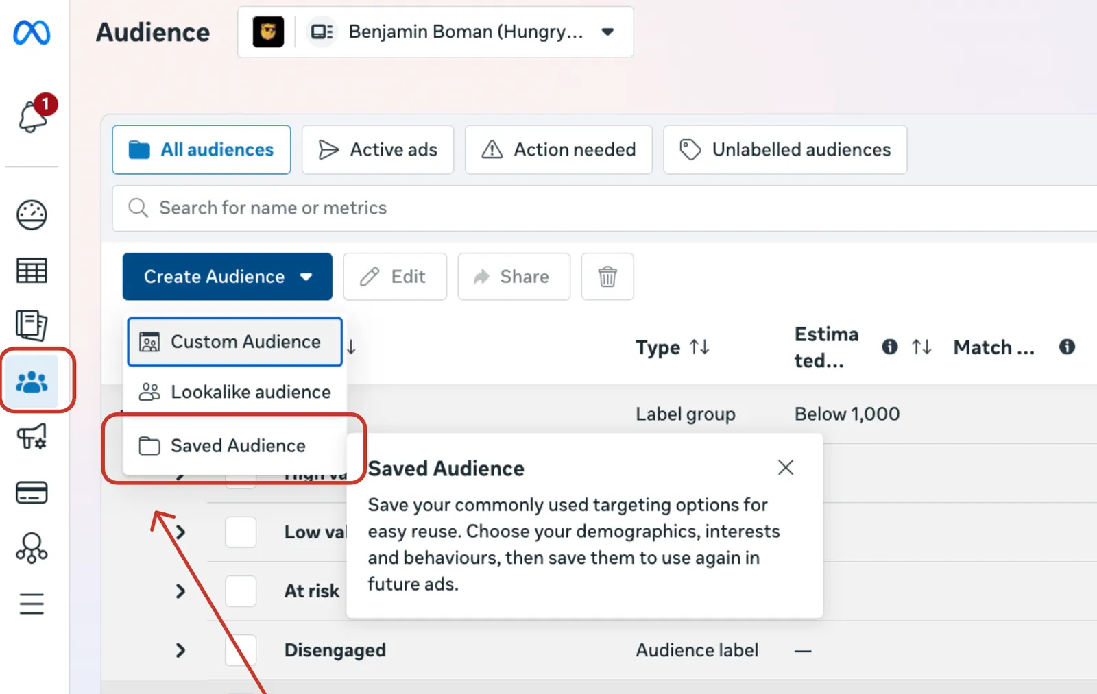 Creating a Saved Audience from the Audiences tab in Meta Ads Manager